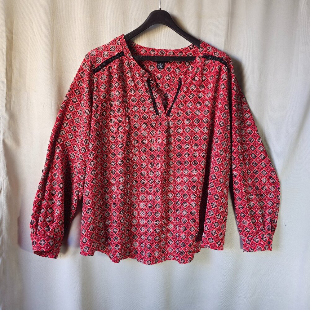 Liz Claiborne Career Red/Black/White Geo Long and 3/4 Sleeve Blouse size 3x
